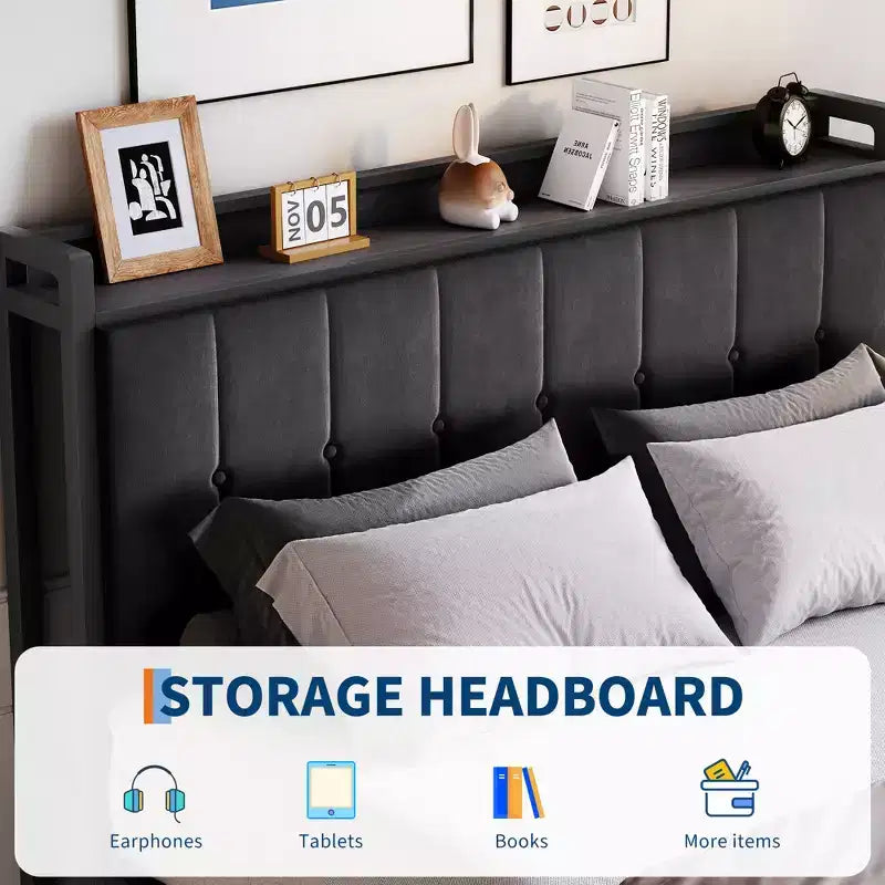 COZONY Cadre de lit relevable avec rangement Taille complète, Plateforme en métal avec tête de lit de rangement Aucun sommier tapissier requis