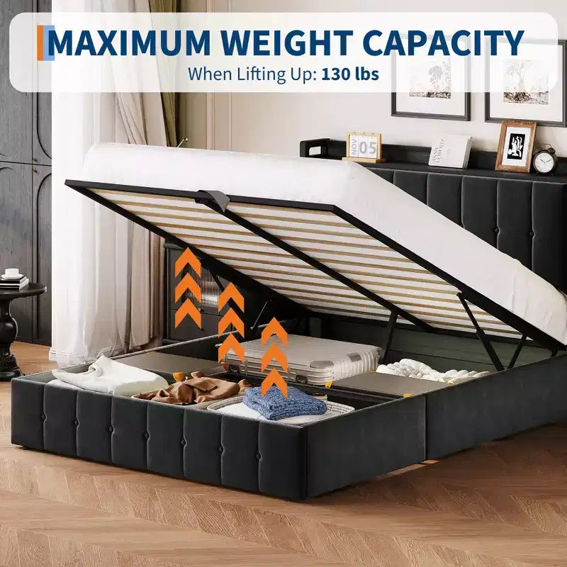 COZONY Cadre de lit relevable avec rangement Taille complète, Plateforme en métal avec tête de lit de rangement Aucun sommier tapissier requis
