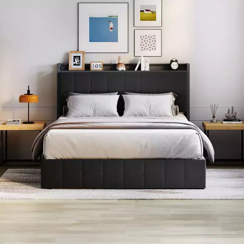 COZONY Cadre de lit relevable avec rangement Taille complète, Plateforme en métal avec tête de lit de rangement Aucun sommier tapissier requis