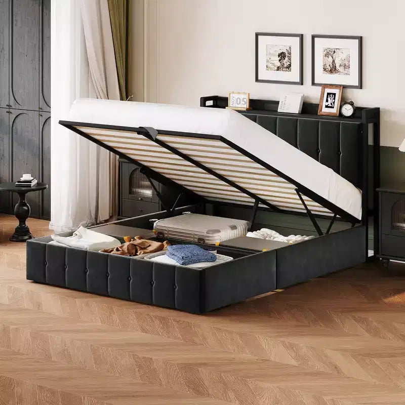 COZONY Cadre de lit relevable avec rangement Taille complète, Plateforme en métal avec tête de lit de rangement Aucun sommier tapissier requis