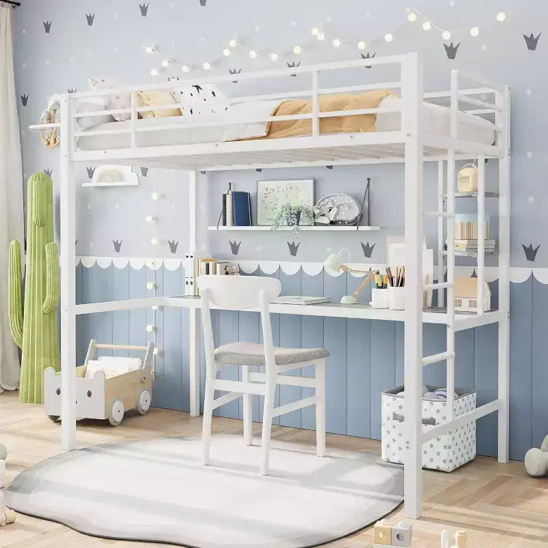 COZONY Loft Bed with Desk and Storage Shelves, Sturdy Metal Frame with Safety Guardrail for Kids Adults