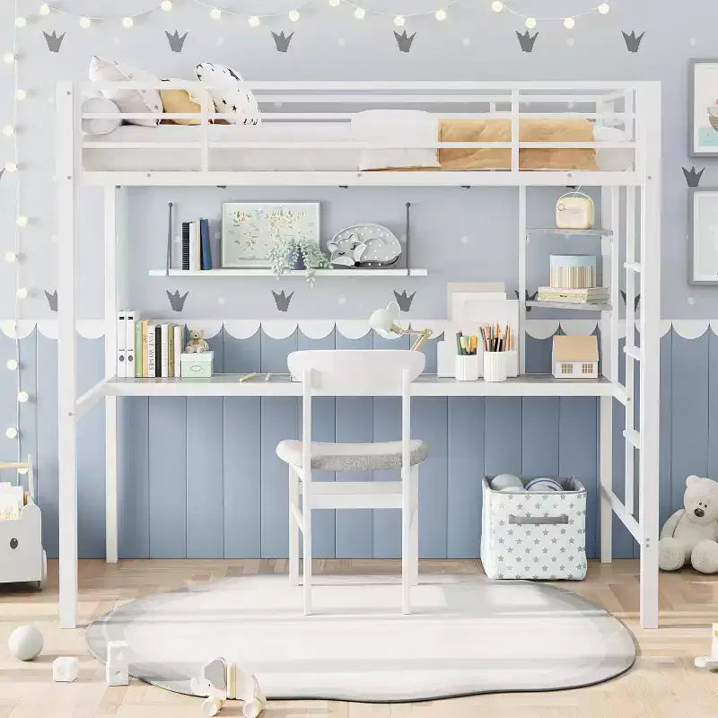 Lit mezzanine COZONY avec bureau et étagères de rangement, cadre métallique robuste avec garde-corps de sécurité pour enfants et adultes