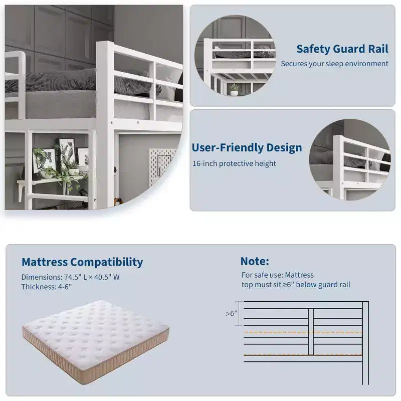 Lit mezzanine COZONY avec bureau et étagères de rangement, cadre métallique robuste avec garde-corps de sécurité pour enfants et adultes