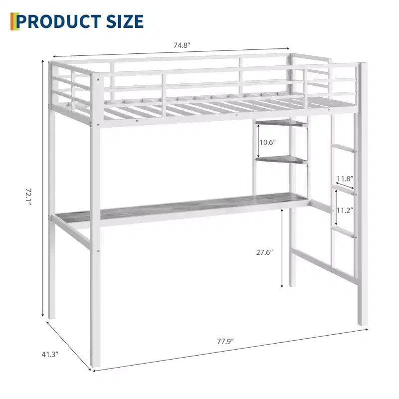Lit mezzanine COZONY avec bureau et étagères de rangement, cadre métallique robuste avec garde-corps de sécurité pour enfants et adultes