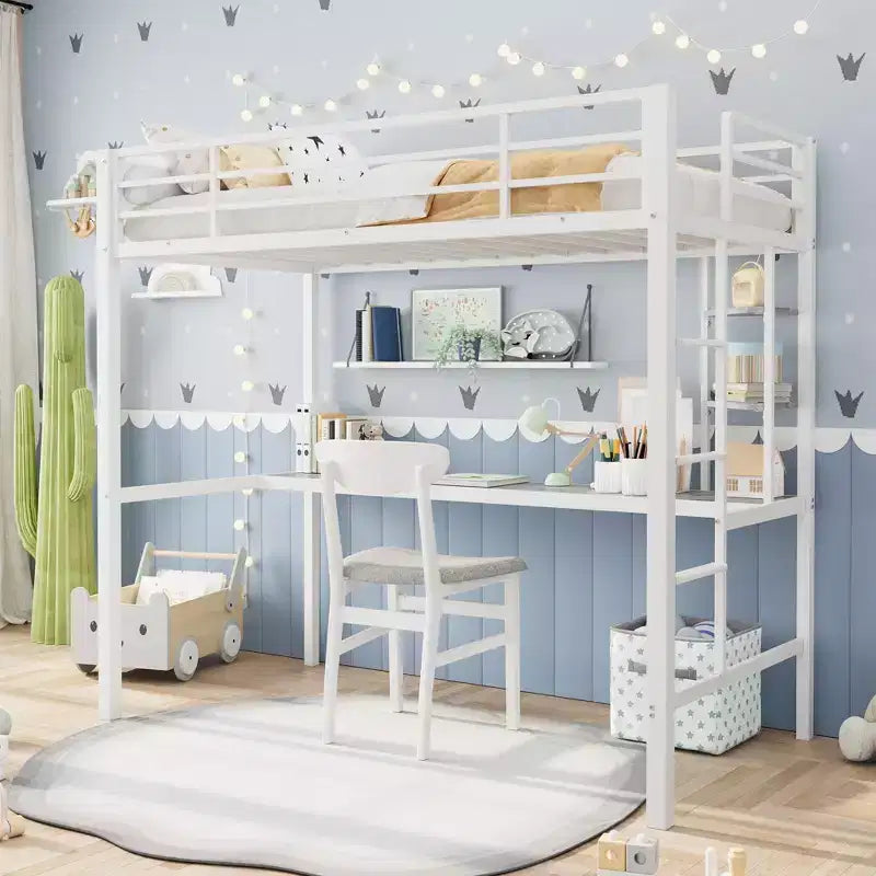 Lit mezzanine COZONY avec bureau et étagères de rangement, cadre métallique robuste avec garde-corps de sécurité pour enfants et adultes