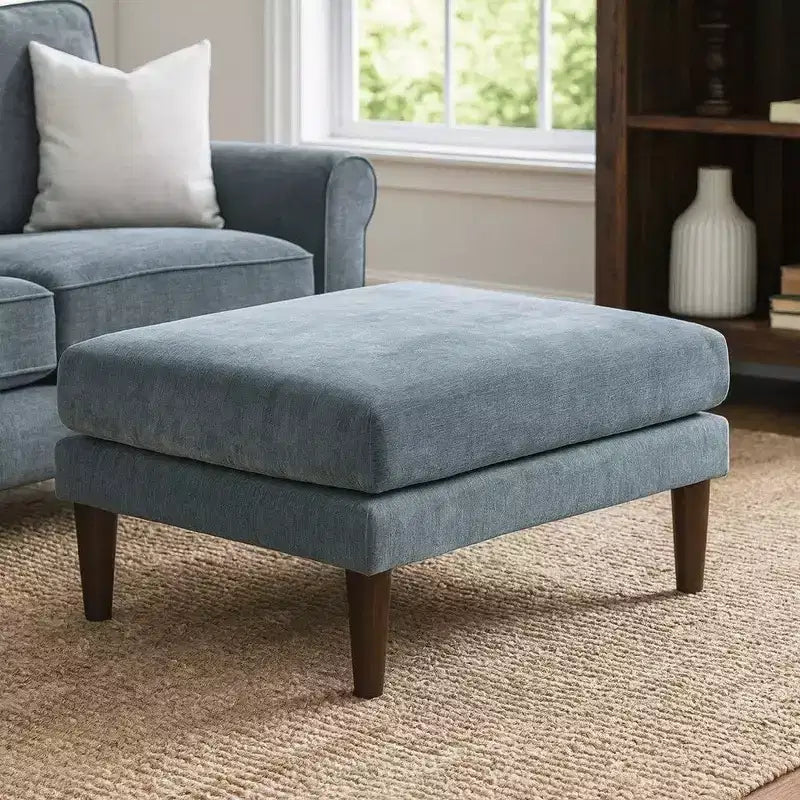 Pouf Modulable Royal Hampton 32 Pouces, Assise Coussins, Pieds en Bois, Tissu Bleu Ardoise