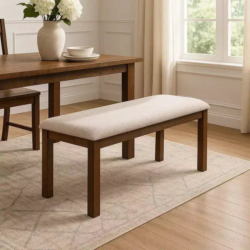 Banc de salle à manger classique Royal Hampton de 48 po en tissu rembourré, en bois de pin, ivoire et marron