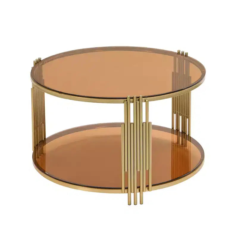 Table basse en verre avec étagère inférieure, table basse ronde moderne en verre avec cadre en métal pour le salon