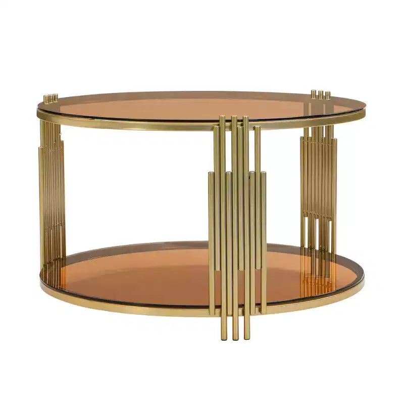 Table basse en verre avec étagère inférieure, table basse ronde moderne en verre avec cadre en métal pour le salon