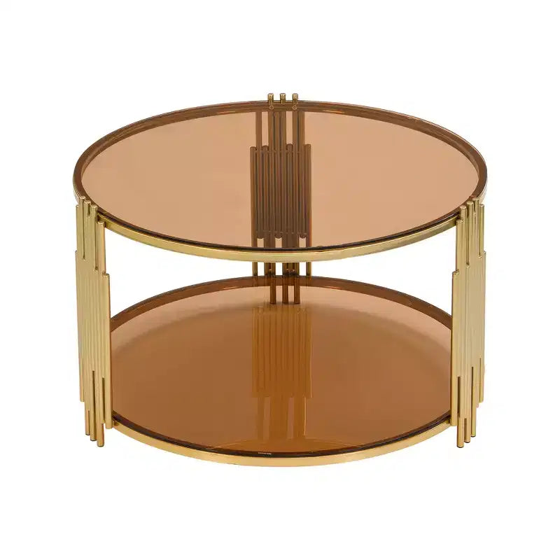 Table basse en verre avec étagère inférieure, table basse ronde moderne en verre avec cadre en métal pour le salon