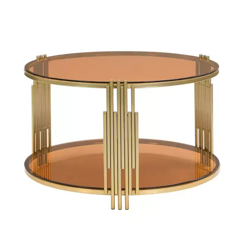 Table basse en verre avec étagère inférieure, table basse ronde moderne en verre avec cadre en métal pour le salon