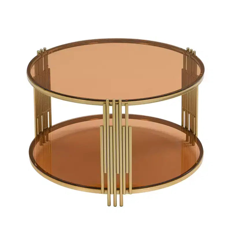 Table basse en verre avec étagère inférieure, table basse ronde moderne en verre avec cadre en métal pour le salon
