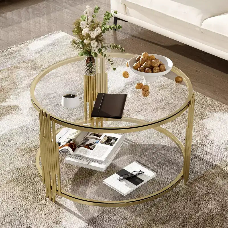 Table basse en verre avec étagère inférieure, table basse ronde moderne en verre avec cadre en métal pour le salon