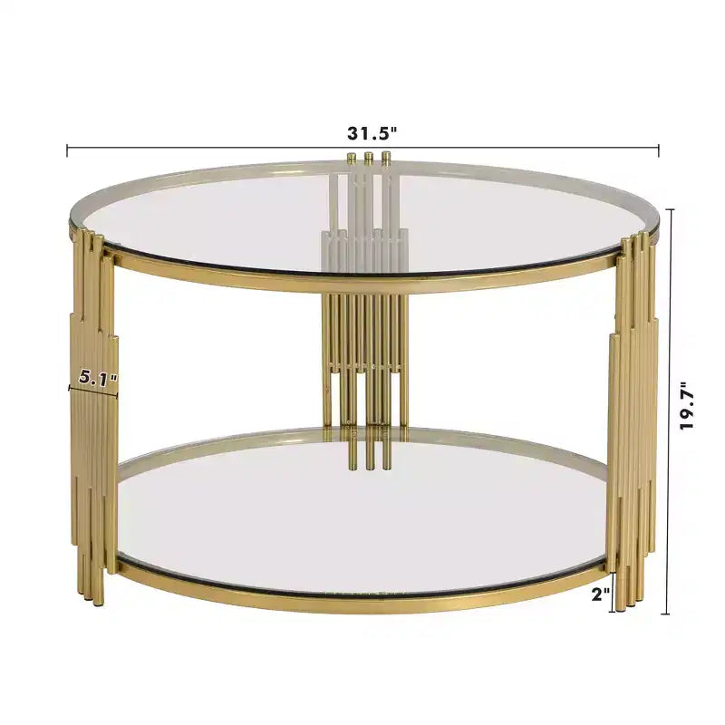 Table basse en verre avec étagère inférieure, table basse ronde moderne en verre avec cadre en métal pour le salon