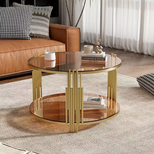Table basse en verre avec étagère inférieure, table basse ronde moderne en verre avec cadre en métal pour le salon