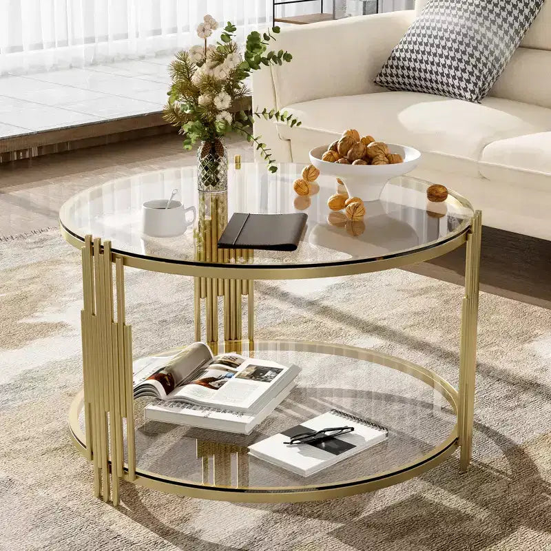 Table basse en verre avec étagère inférieure, table basse ronde moderne en verre avec cadre en métal pour le salon