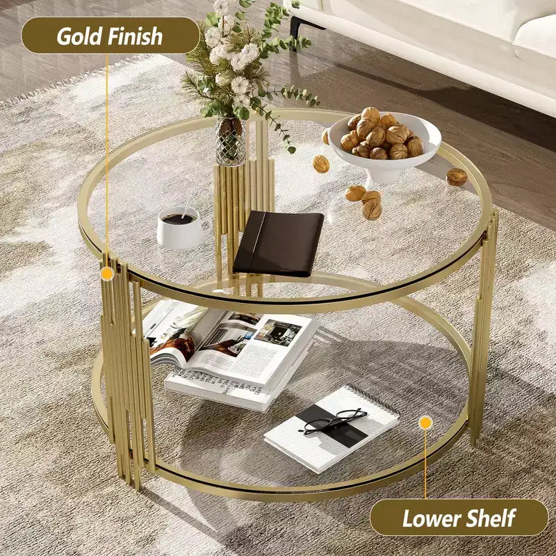 Table basse en verre avec étagère inférieure, table basse ronde moderne en verre avec cadre en métal pour le salon