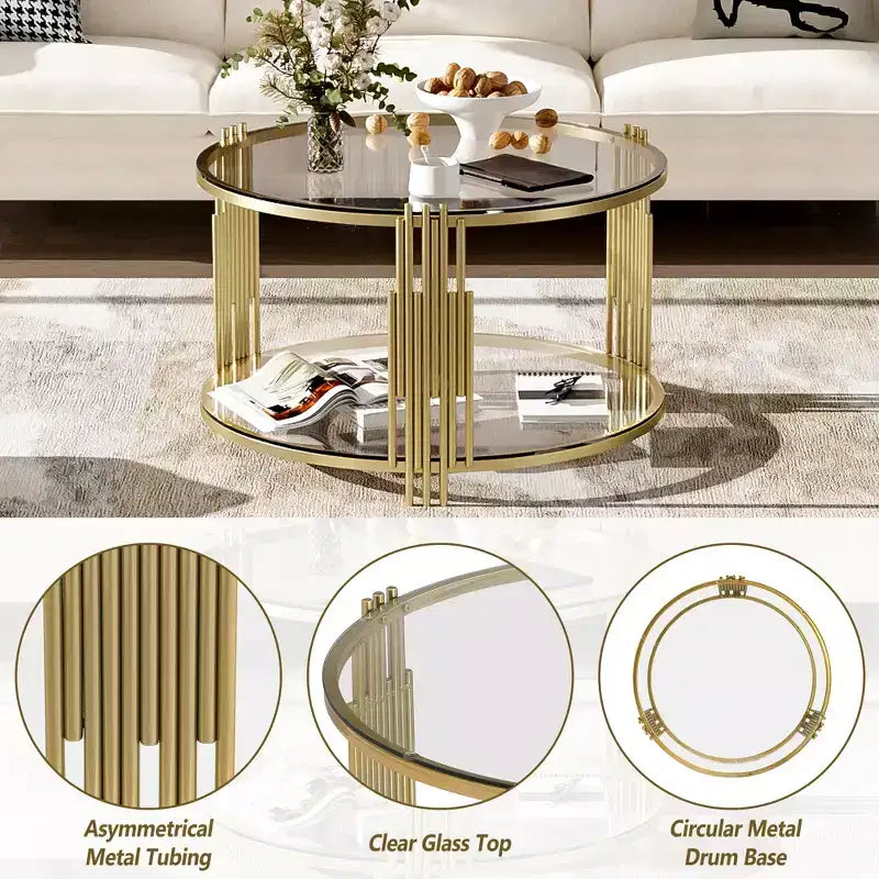 Table basse en verre avec étagère inférieure, table basse ronde moderne en verre avec cadre en métal pour le salon