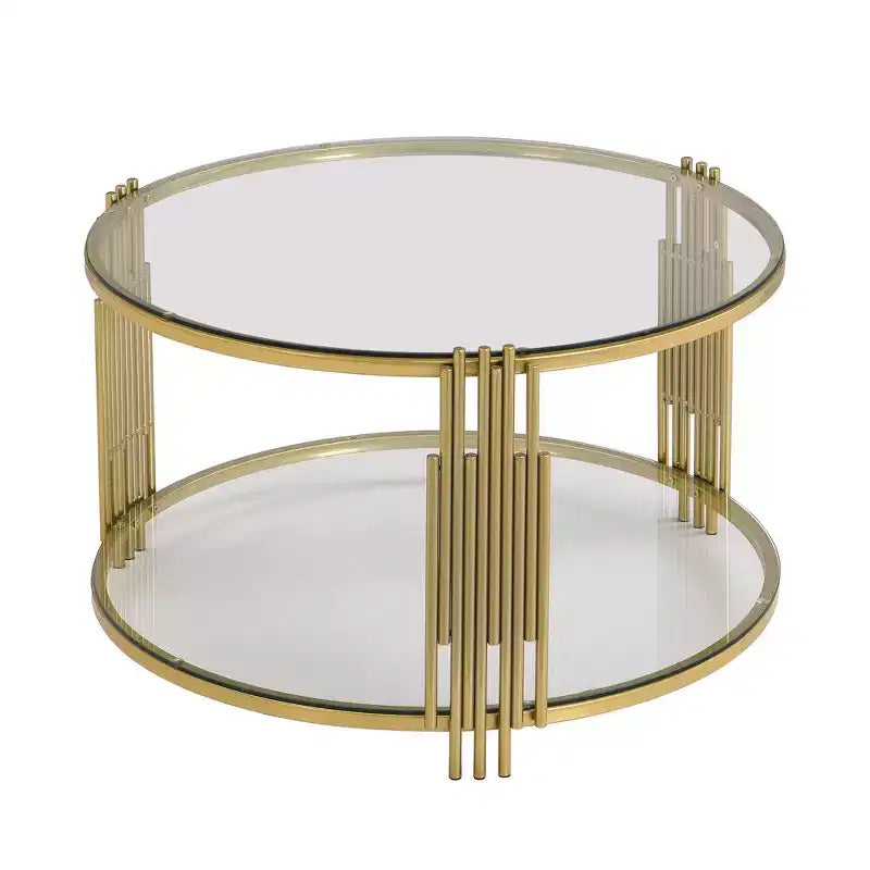 Table basse en verre avec étagère inférieure, table basse ronde moderne en verre avec cadre en métal pour le salon