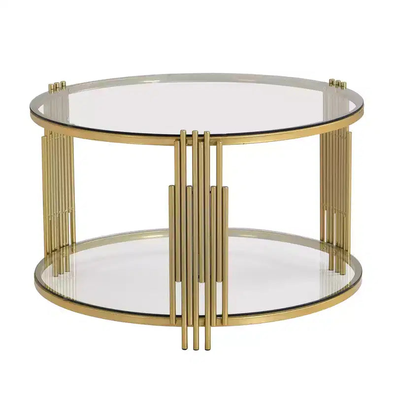 Table basse en verre avec étagère inférieure, table basse ronde moderne en verre avec cadre en métal pour le salon