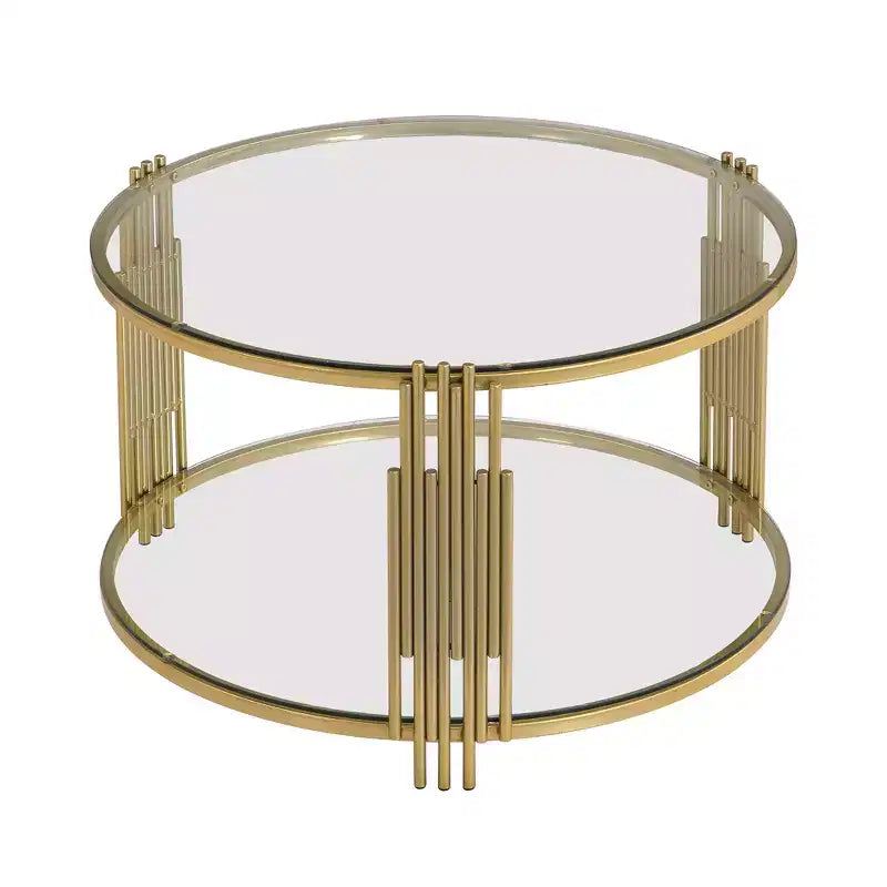 Table basse en verre avec étagère inférieure, table basse ronde moderne en verre avec cadre en métal pour le salon