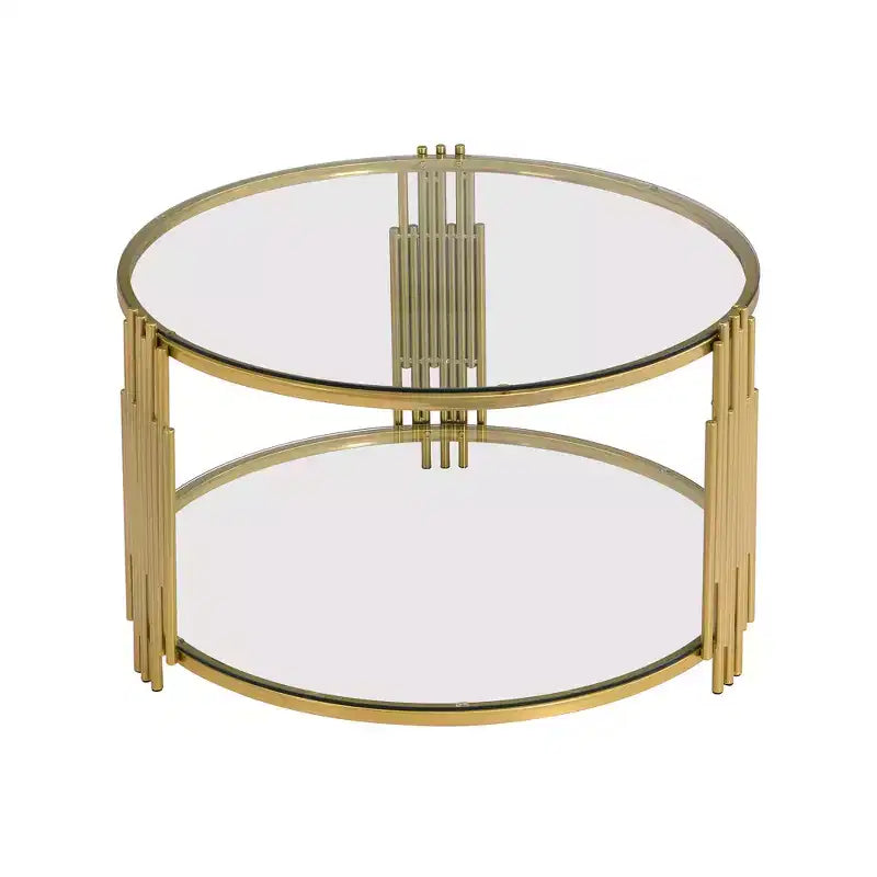 Table basse en verre avec étagère inférieure, table basse ronde moderne en verre avec cadre en métal pour le salon