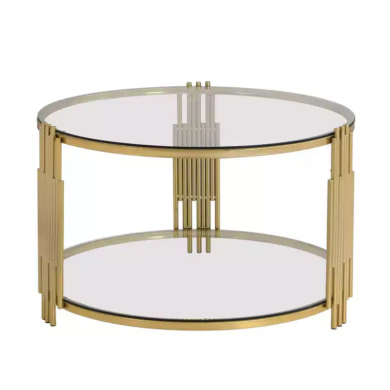 Table basse en verre avec étagère inférieure, table basse ronde moderne en verre avec cadre en métal pour le salon