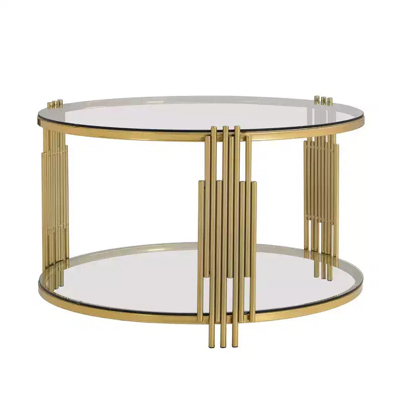 Table basse en verre avec étagère inférieure, table basse ronde moderne en verre avec cadre en métal pour le salon