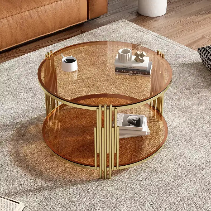 Table basse en verre avec étagère inférieure, table basse ronde moderne en verre avec cadre en métal pour le salon
