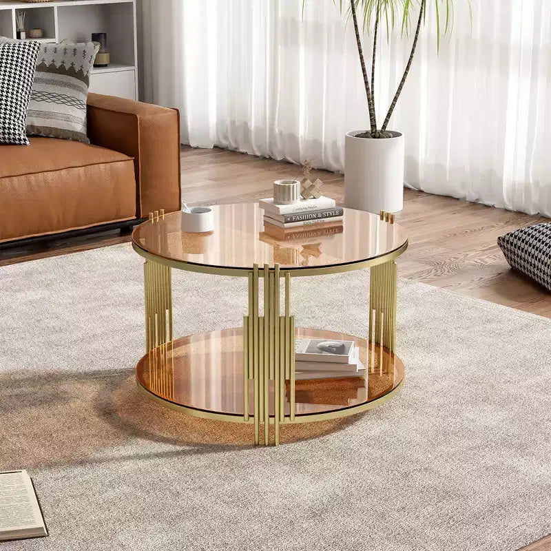 Table basse en verre avec étagère inférieure, table basse ronde moderne en verre avec cadre en métal pour le salon