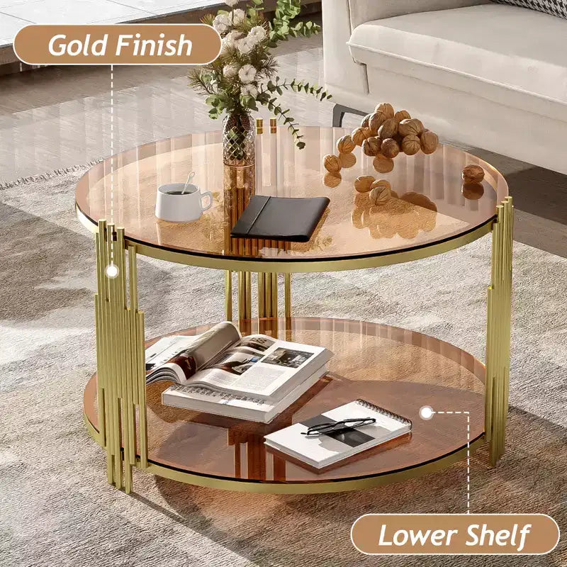 Table basse en verre avec étagère inférieure, table basse ronde moderne en verre avec cadre en métal pour le salon