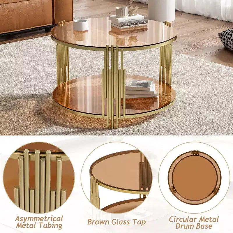 Table basse en verre avec étagère inférieure, table basse ronde moderne en verre avec cadre en métal pour le salon