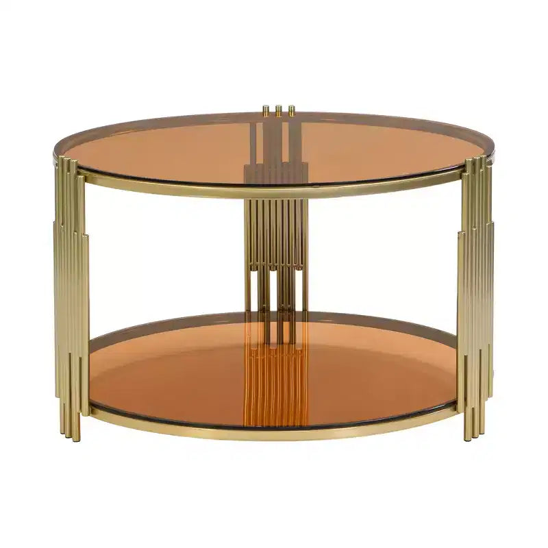 Table basse en verre avec étagère inférieure, table basse ronde moderne en verre avec cadre en métal pour le salon