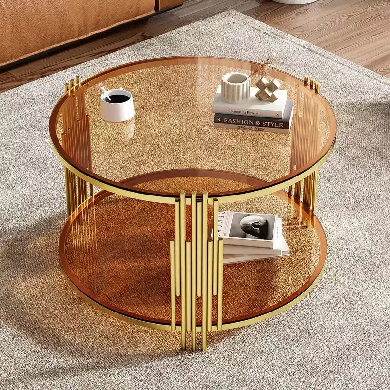 Glass Coffee Table with Dower Shelf, Modern Round Glass Center Table with Metal Frame for Living Room
