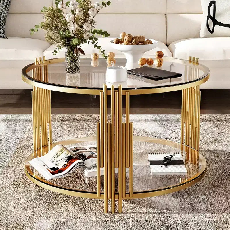 Table basse en verre avec étagère inférieure, table basse ronde moderne en verre avec cadre en métal pour le salon