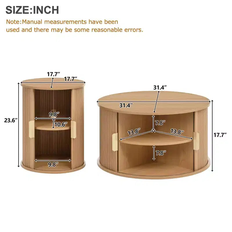 Okak – Lot de 2 tables basses rondes modernes avec portes de rangement dissimulées, table centrale en placage de bois cannelé pour salon, chambre à coucher