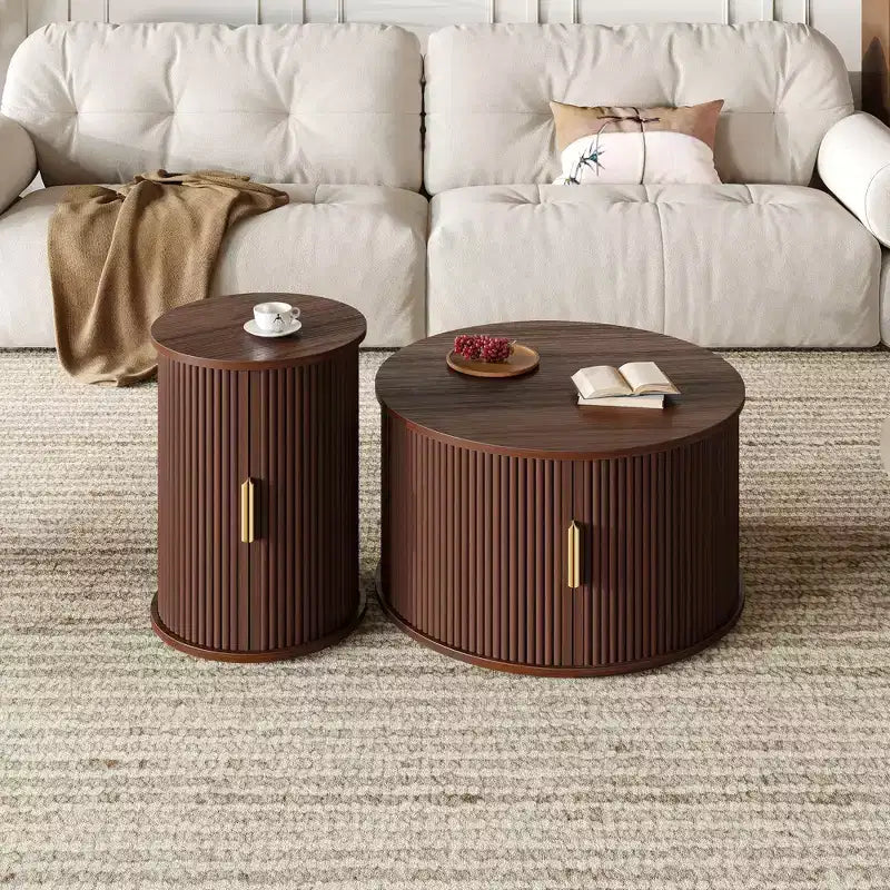 Okak – Lot de 2 tables basses rondes modernes avec portes de rangement dissimulées, table centrale en placage de bois cannelé pour salon, chambre à coucher