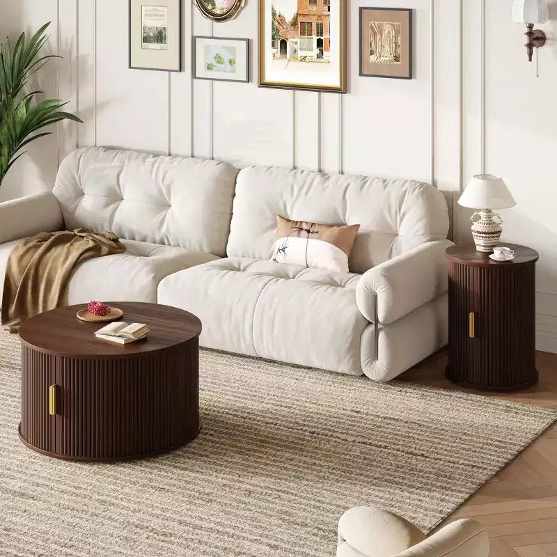 Okak – Lot de 2 tables basses rondes modernes avec portes de rangement dissimulées, table centrale en placage de bois cannelé pour salon, chambre à coucher