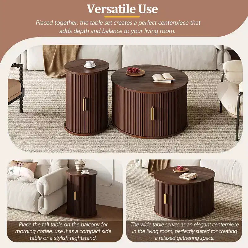 Okak – Lot de 2 tables basses rondes modernes avec portes de rangement dissimulées, table centrale en placage de bois cannelé pour salon, chambre à coucher