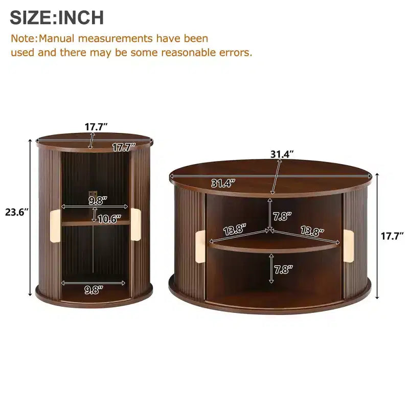 Okak – Lot de 2 tables basses rondes modernes avec portes de rangement dissimulées, table centrale en placage de bois cannelé pour salon, chambre à coucher