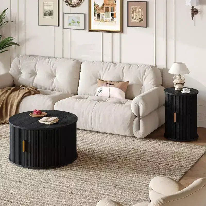 Okak – Lot de 2 tables basses rondes modernes avec portes de rangement dissimulées, table centrale en placage de bois cannelé pour salon, chambre à coucher