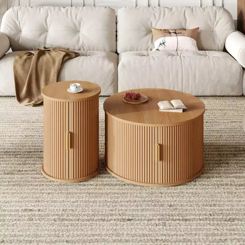 Okak – Lot de 2 tables basses rondes modernes avec portes de rangement dissimulées, table centrale en placage de bois cannelé pour salon, chambre à coucher