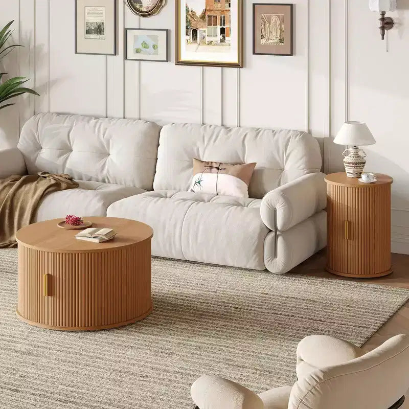 Okak – Lot de 2 tables basses rondes modernes avec portes de rangement dissimulées, table centrale en placage de bois cannelé pour salon, chambre à coucher
