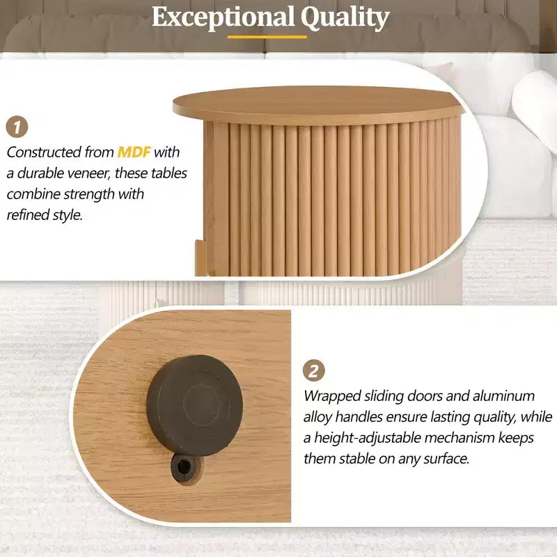 Okak – Lot de 2 tables basses rondes modernes avec portes de rangement dissimulées, table centrale en placage de bois cannelé pour salon, chambre à coucher