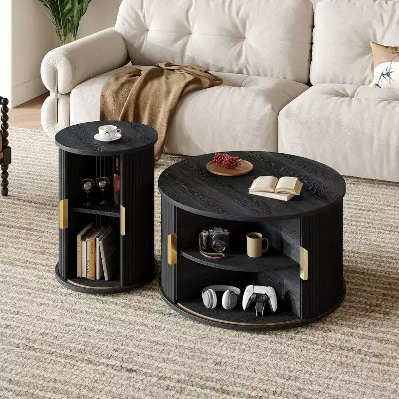 Okak Modern Round Set of 2 Coffee Table with Hidden Storage Doors,Fluted Wood Veneer Center Table for Living Room,Bedroom