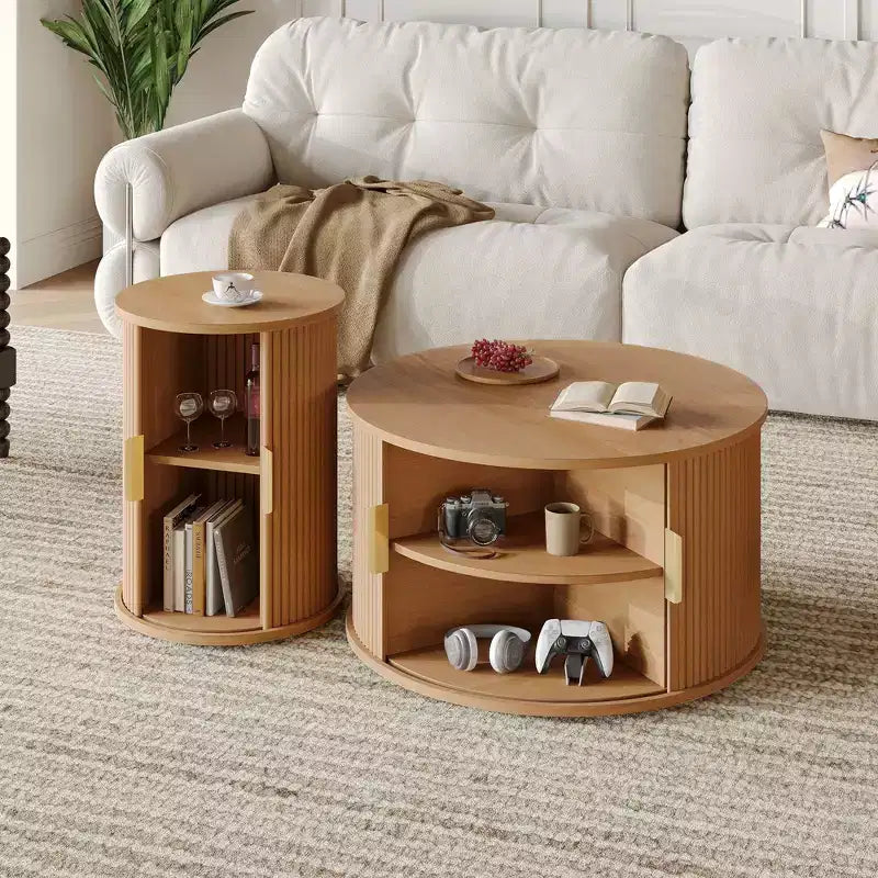 Okak – Lot de 2 tables basses rondes modernes avec portes de rangement dissimulées, table centrale en placage de bois cannelé pour salon, chambre à coucher