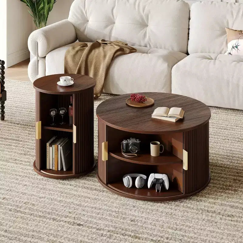Okak – Lot de 2 tables basses rondes modernes avec portes de rangement dissimulées, table centrale en placage de bois cannelé pour salon, chambre à coucher