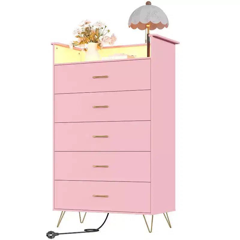Commode 5 tiroirs pour chambre à coucher, commode haute en bois 53" avec lumières et station de charge, armoire de rangement pour salon et placard