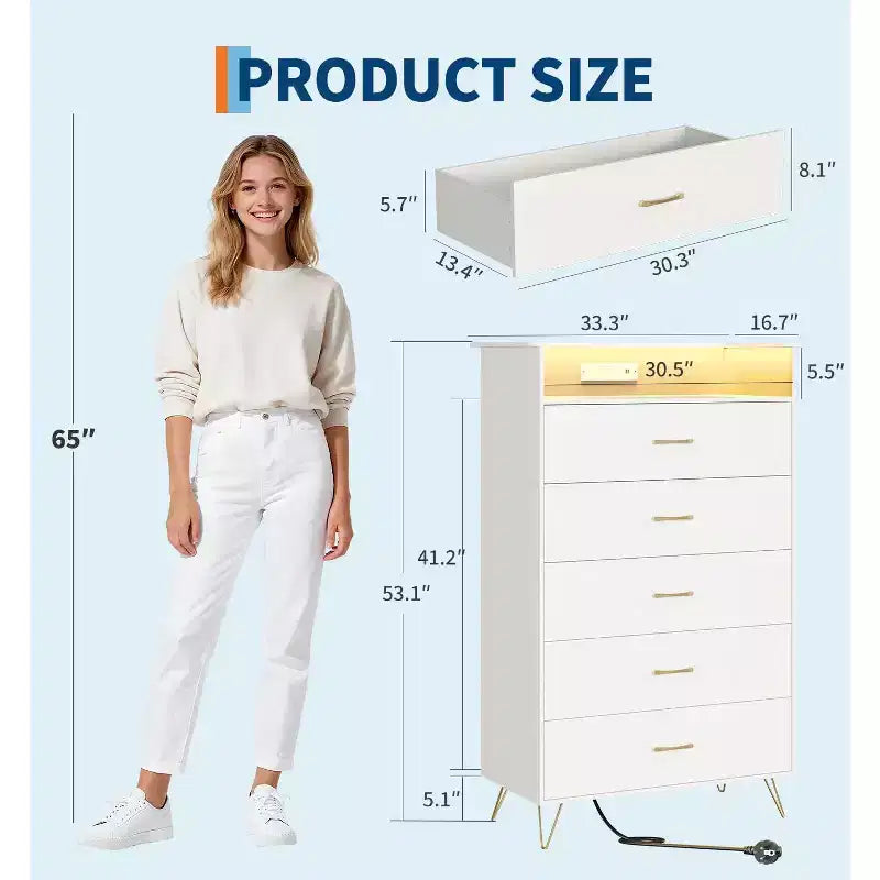Commode 5 tiroirs pour chambre à coucher, commode haute en bois 53" avec lumières et station de charge, armoire de rangement pour salon et placard