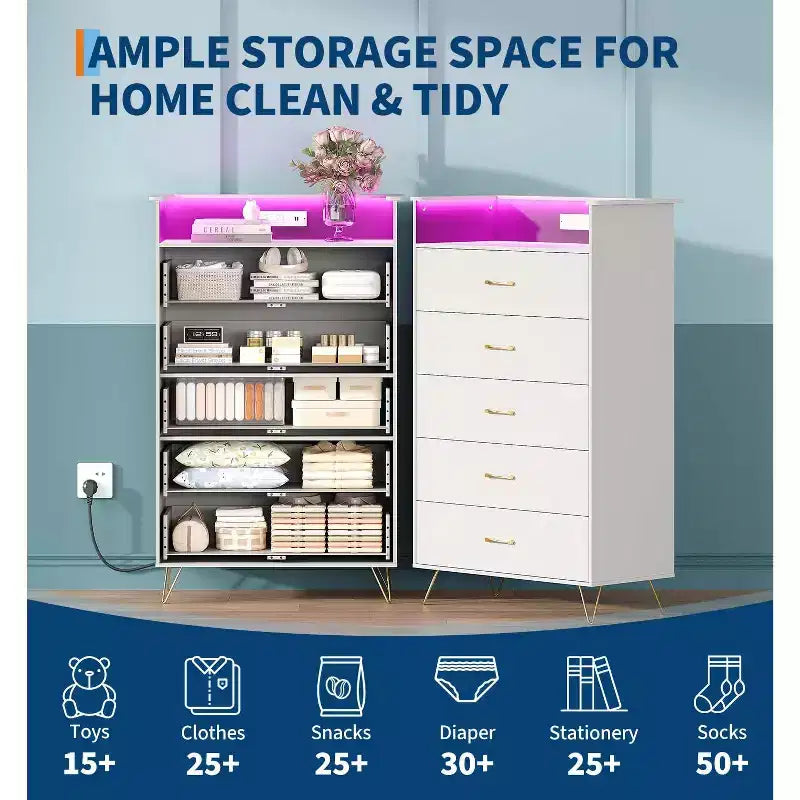 Commode 5 tiroirs pour chambre à coucher, commode haute en bois 53" avec lumières et station de charge, armoire de rangement pour salon et placard